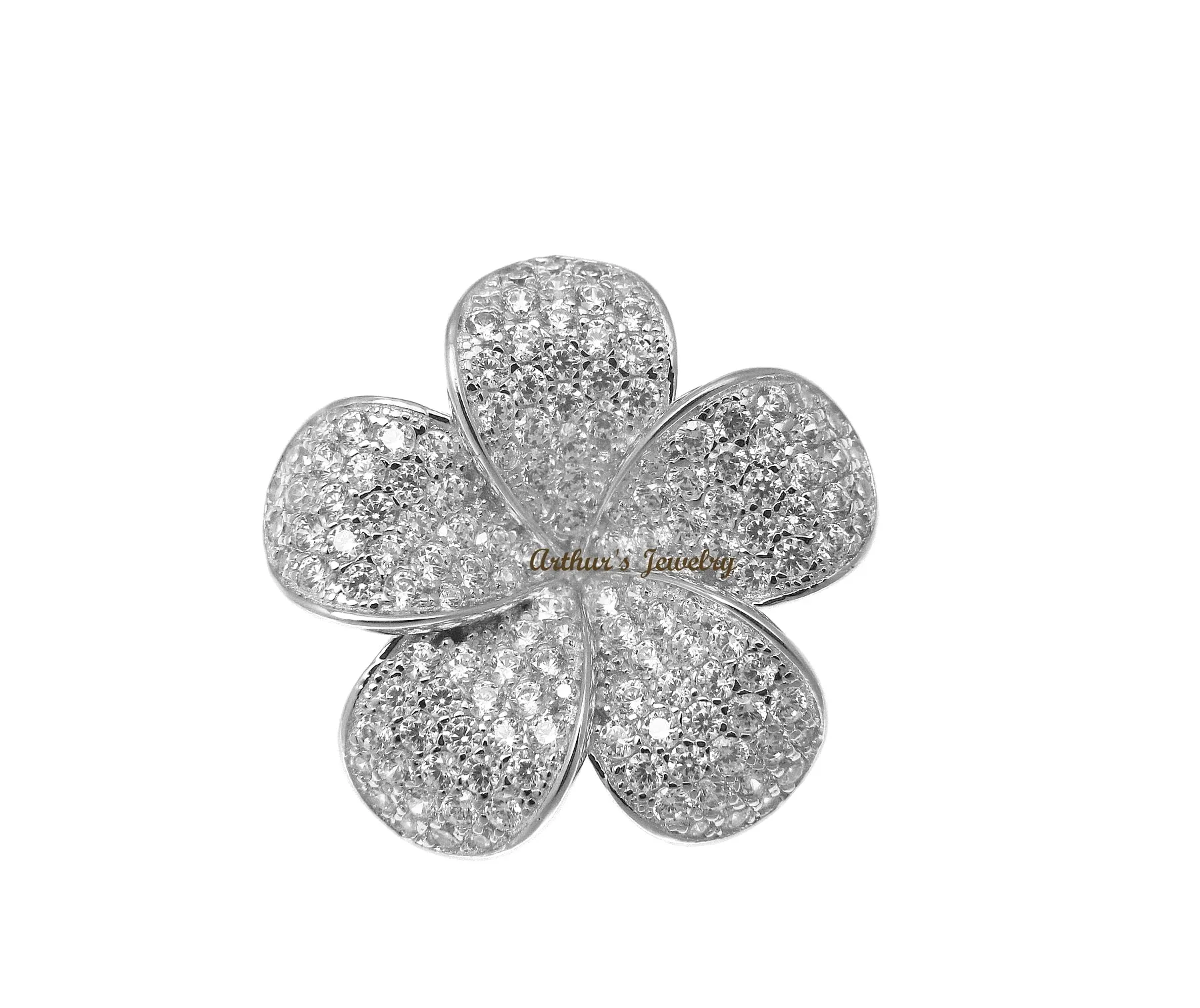 RHODIUM PLATED 925 SILVER HAWAIIAN PLUMERIA FLOWER SLIDE PENDANT CZ 24MM
