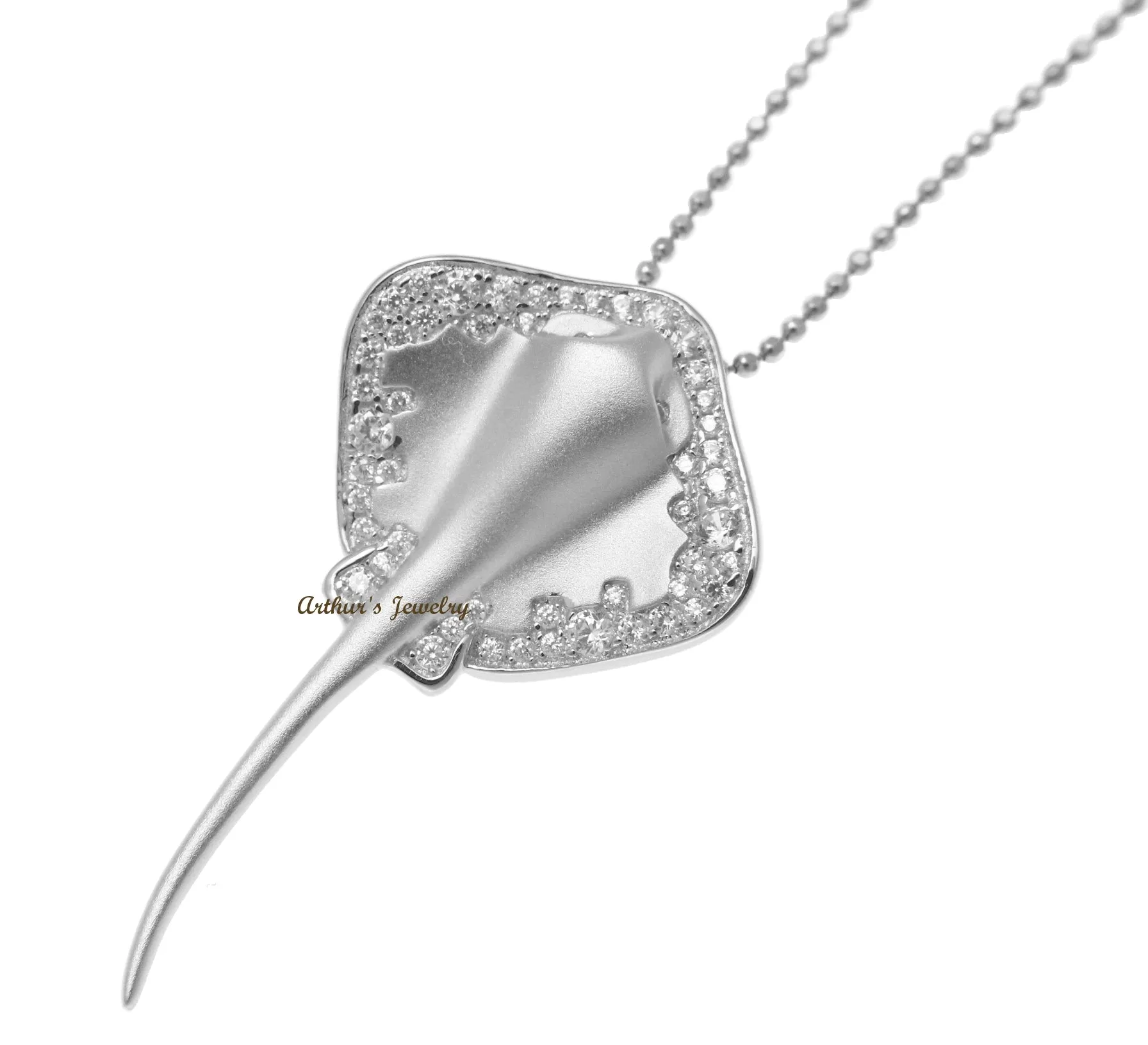 RHODIUM PLATED 925 SILVER HAWAIIAN STINGRAY FISH SLIDE PENDANT CZ 21.25MM