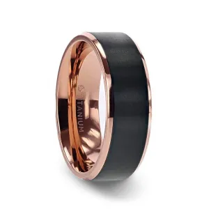 Rose Gold Plated Black Titanium Flat Brushed Center Men's Wedding Ring - 8mm