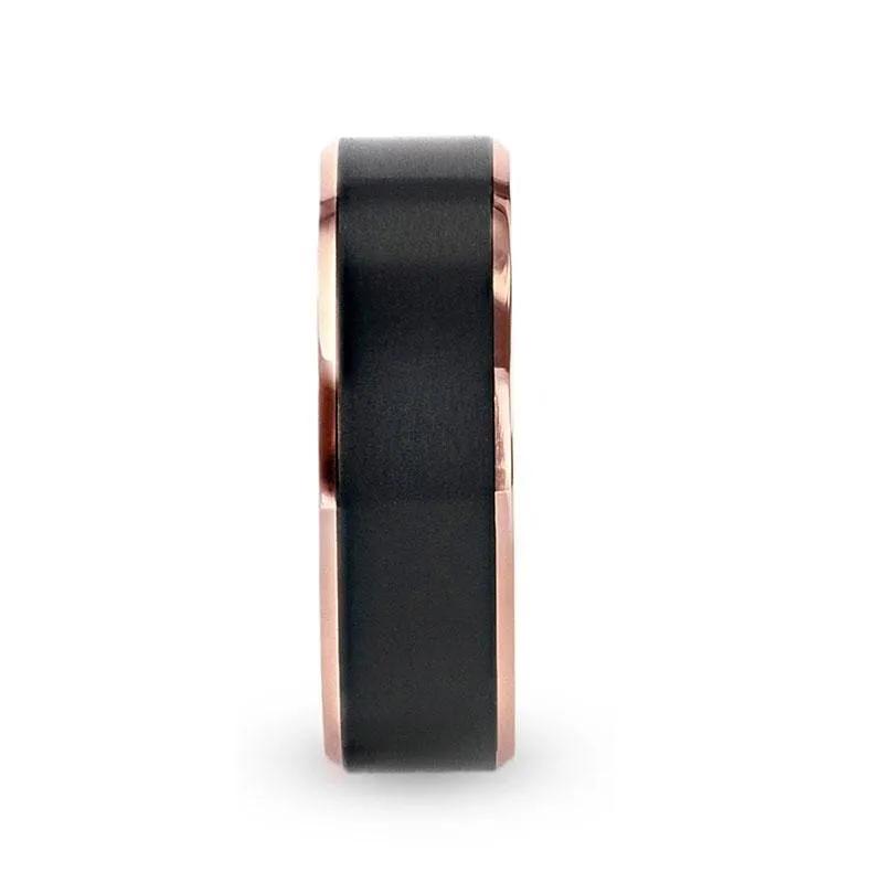 Rose Gold Plated Black Titanium Flat Brushed Center Men's Wedding Ring - 8mm