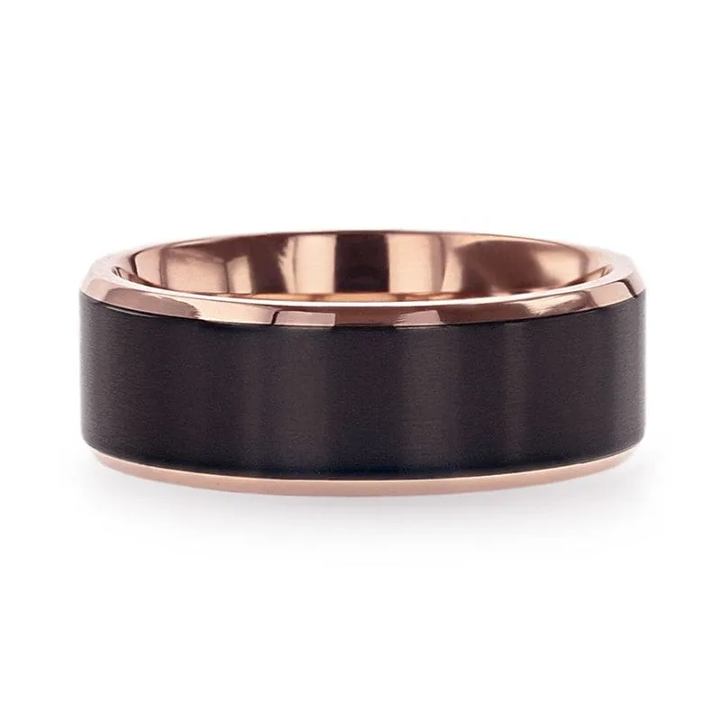 Rose Gold Plated Black Titanium Flat Brushed Center Men's Wedding Ring - 8mm