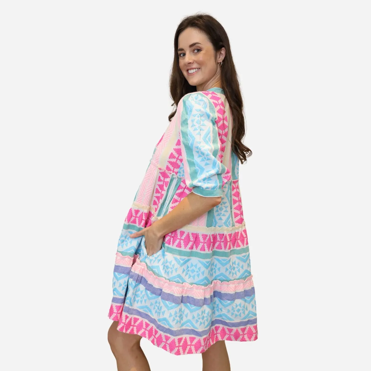 Sicily Boho Dress (Aqua/Pink)
