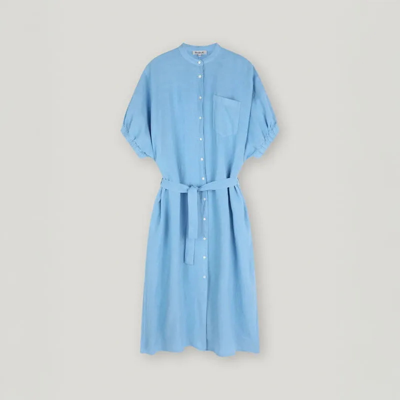 SoSUE Cowboy Button Linen Dress in Blue