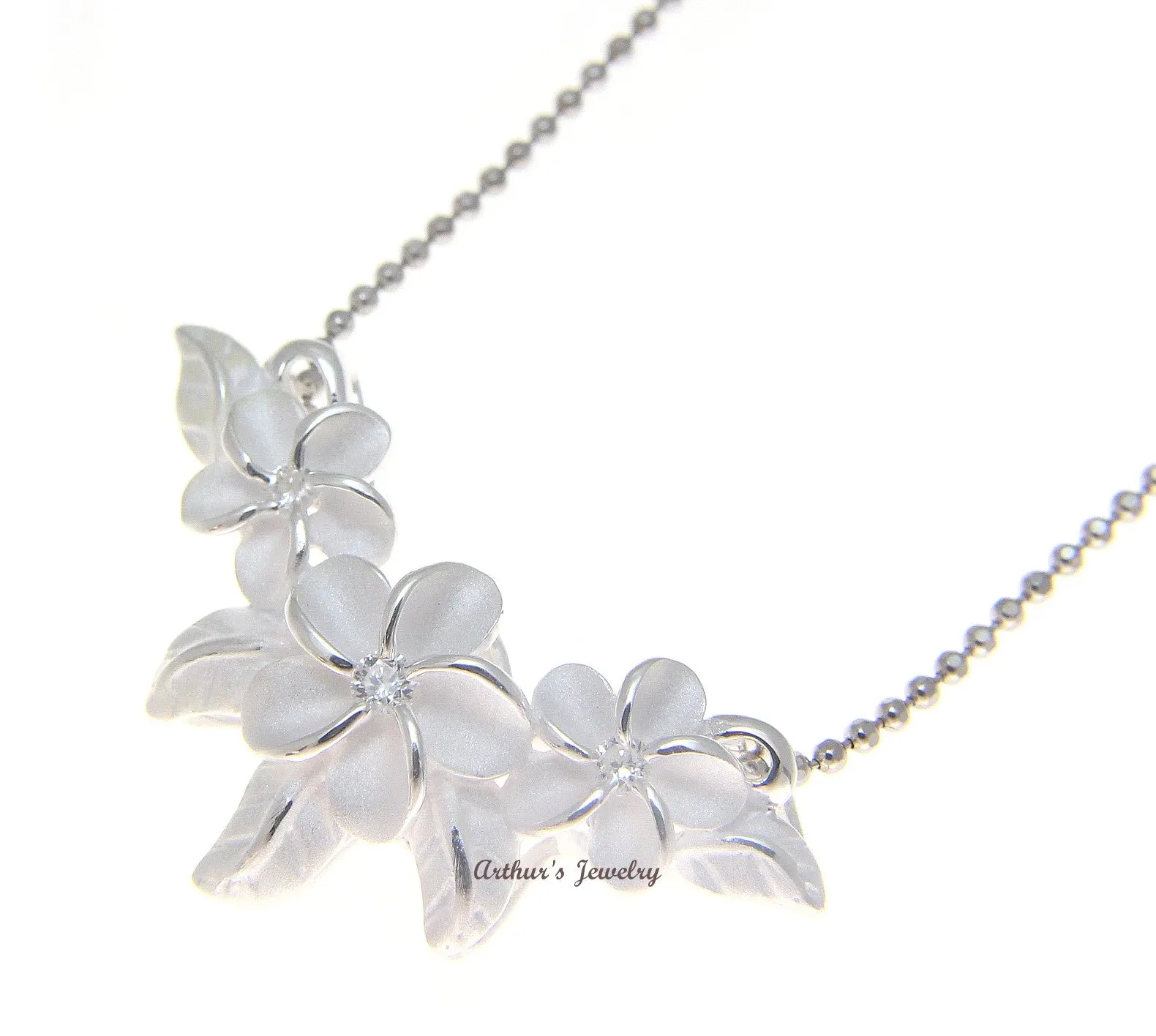 STERLING SILVER 925 HAWAIIAN 3 PLUMERIA FLOWER MAILE LEAF SLIDE PENDANT CZ