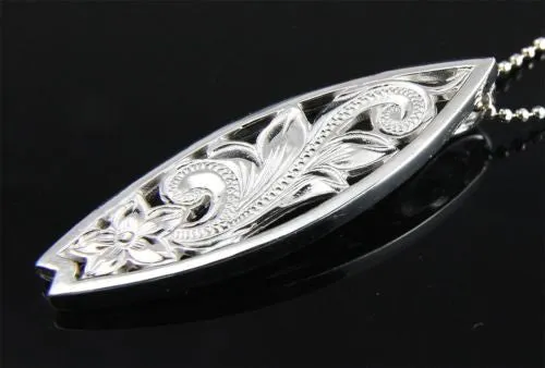 STERLING SILVER 925 HAWAIIAN CUT OUT PLUMERIA SCROLL SURFBOARD SLIDE PENDANT