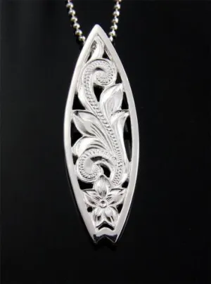 STERLING SILVER 925 HAWAIIAN CUT OUT PLUMERIA SCROLL SURFBOARD SLIDE PENDANT