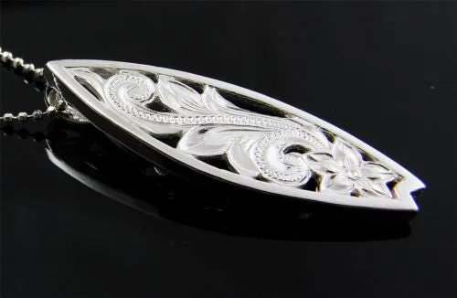 STERLING SILVER 925 HAWAIIAN CUT OUT PLUMERIA SCROLL SURFBOARD SLIDE PENDANT