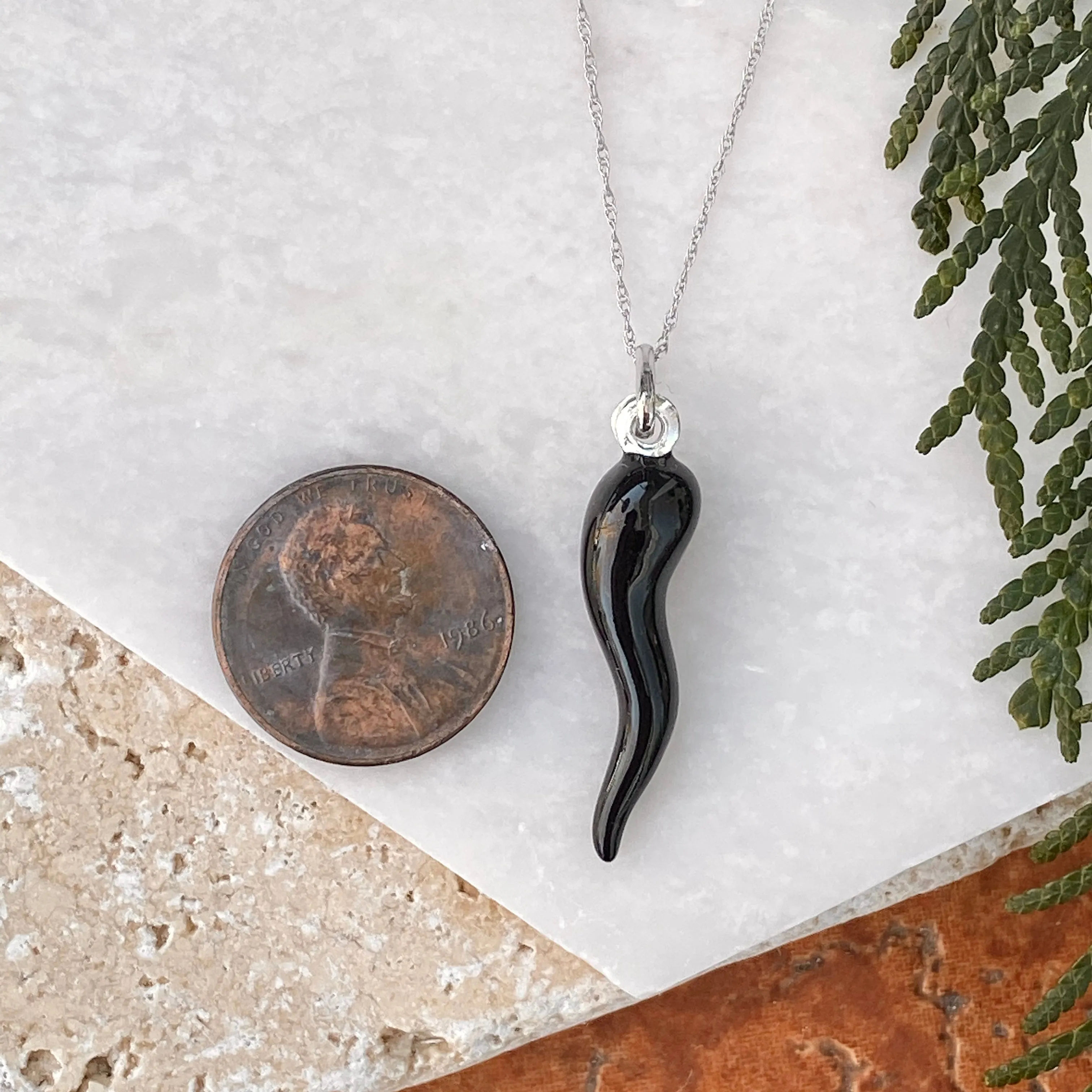 Sterling Silver Black "Cornicello" Italian Horn Pendant Charm