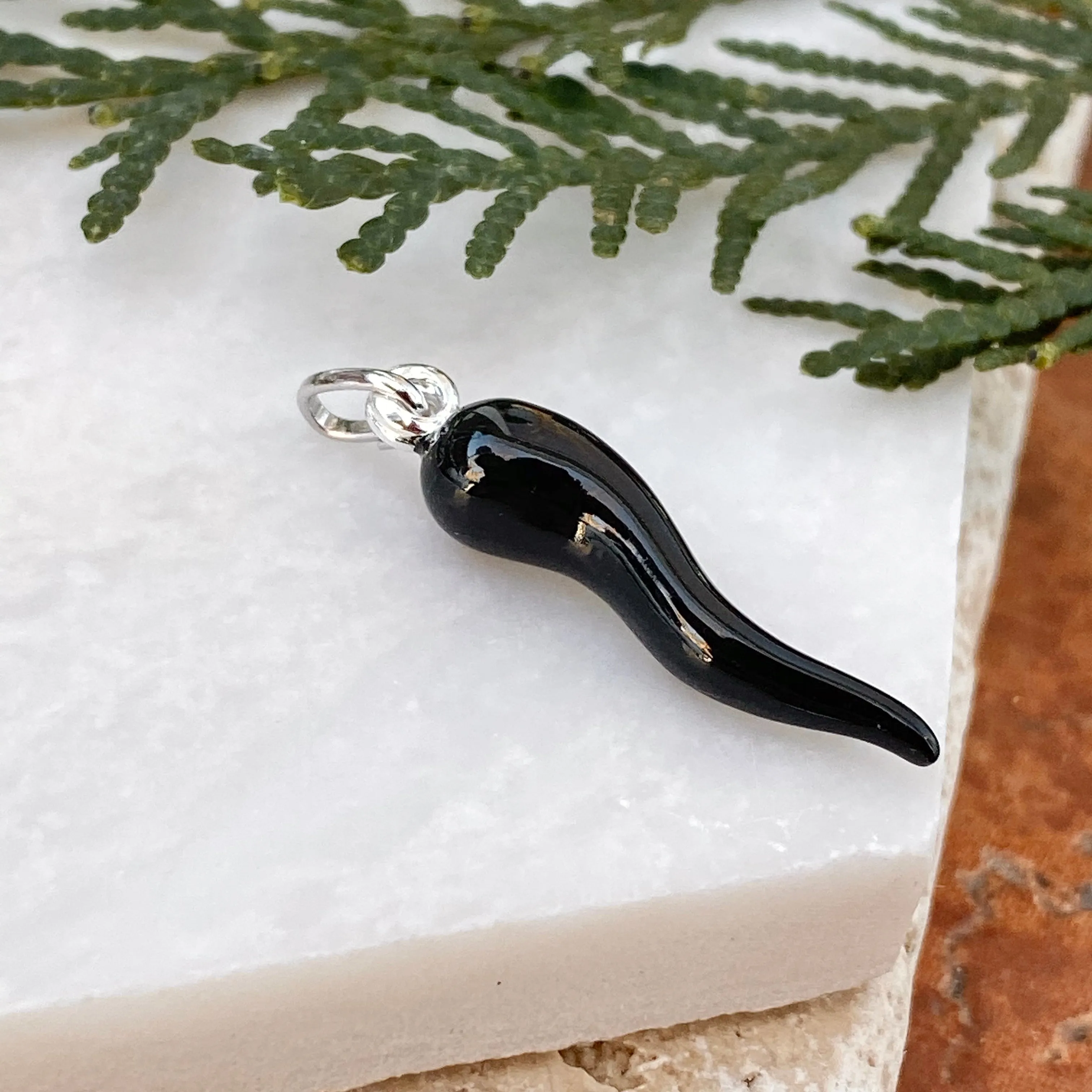 Sterling Silver Black "Cornicello" Italian Horn Pendant Charm