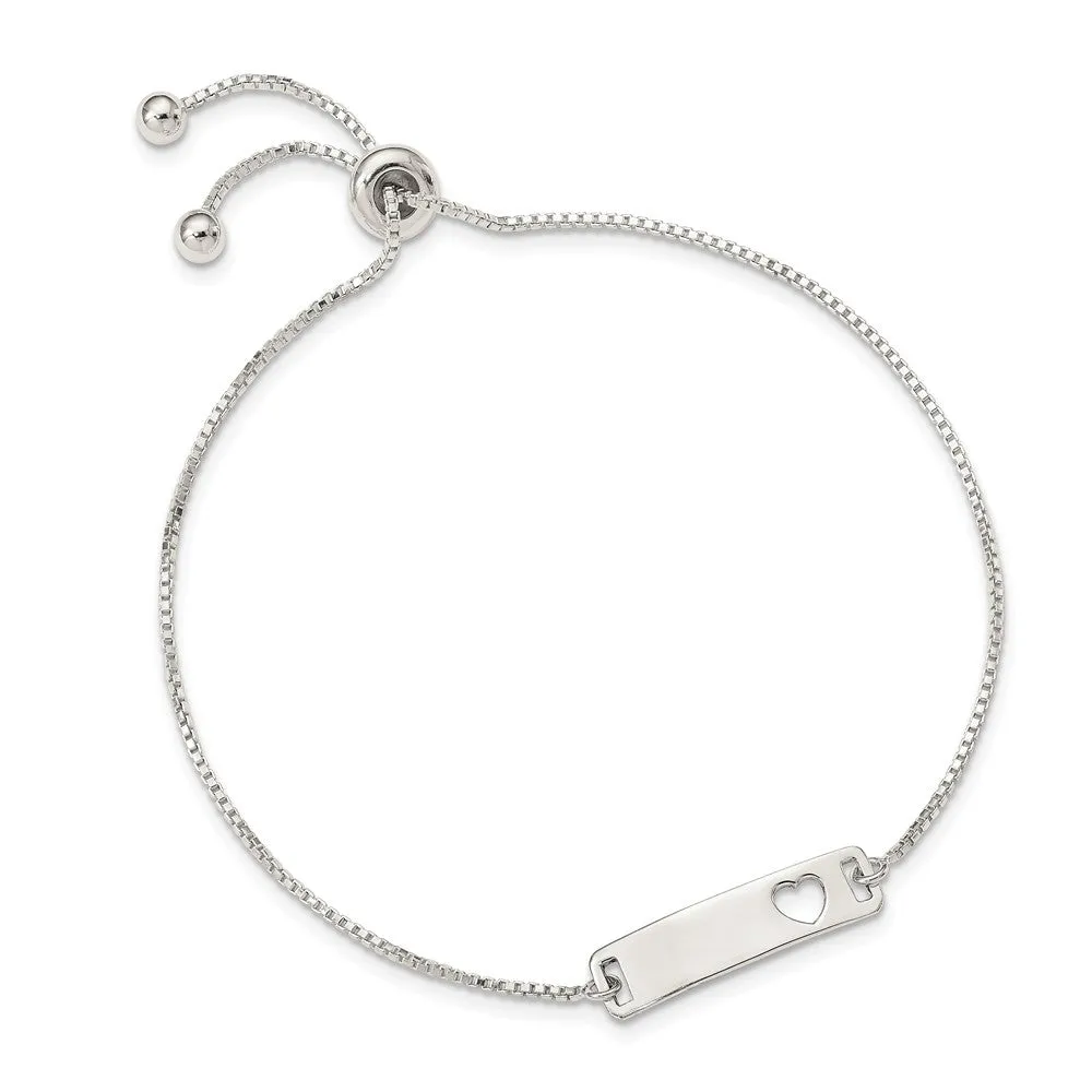 Sterling Silver Small ID Bar Plate with Heart Adjustable Bolo Bracelet