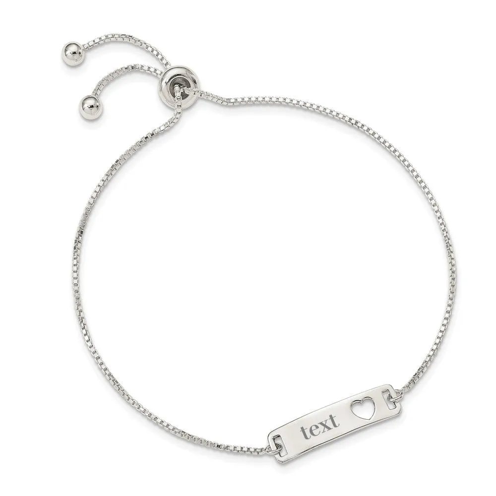 Sterling Silver Small ID Bar Plate with Heart Adjustable Bolo Bracelet