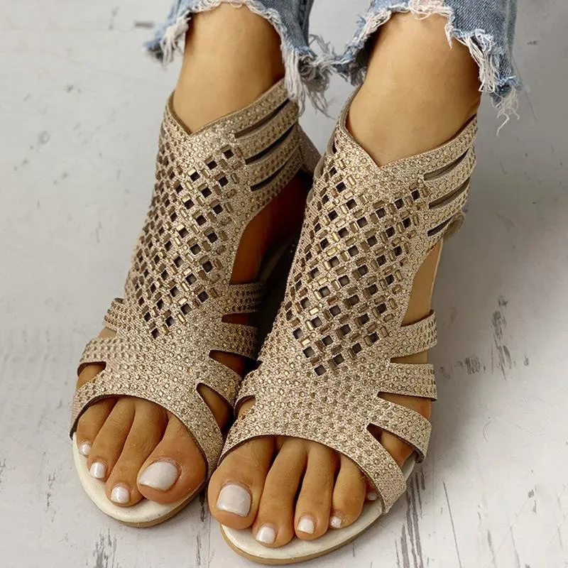 Studded Detail Hollow Out Flat Sandals