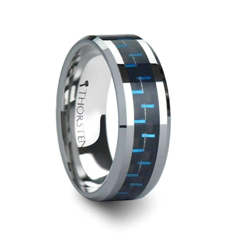 Thorsten AUXILIUS Tungsten Carbide Ring with Black & Blue Carbon Fiber Inlay - 6mm - 10mm