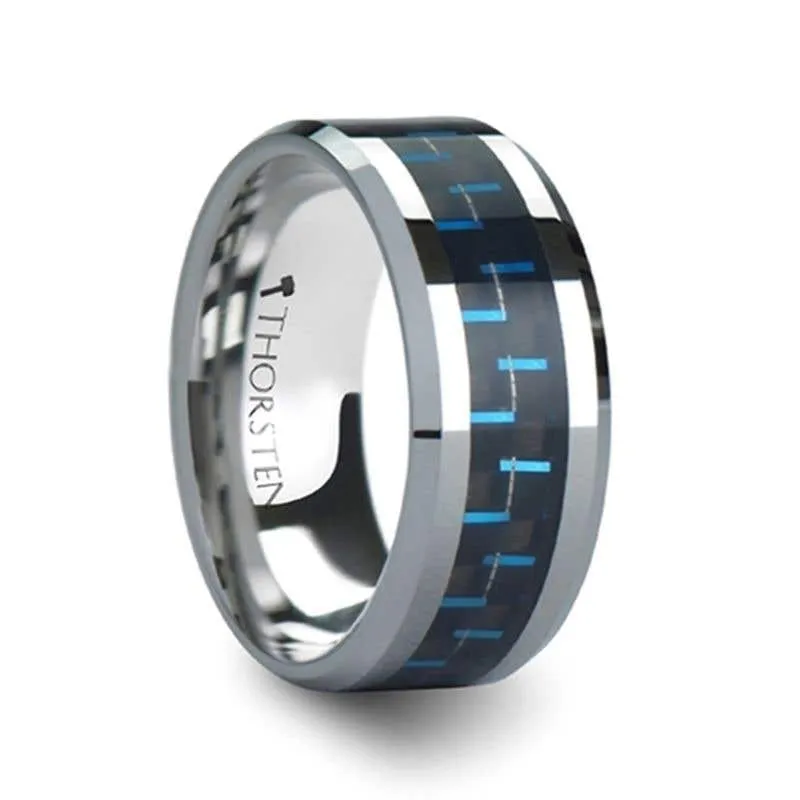 Thorsten AUXILIUS Tungsten Carbide Ring with Black & Blue Carbon Fiber Inlay - 6mm - 10mm