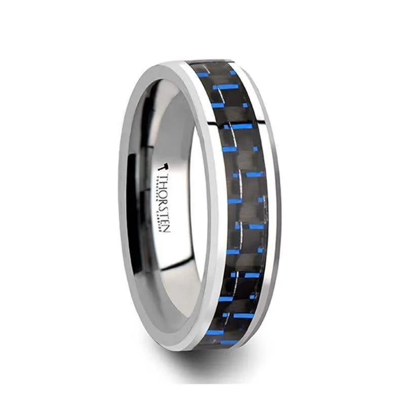 Thorsten AUXILIUS Tungsten Carbide Ring with Black & Blue Carbon Fiber Inlay - 6mm - 10mm