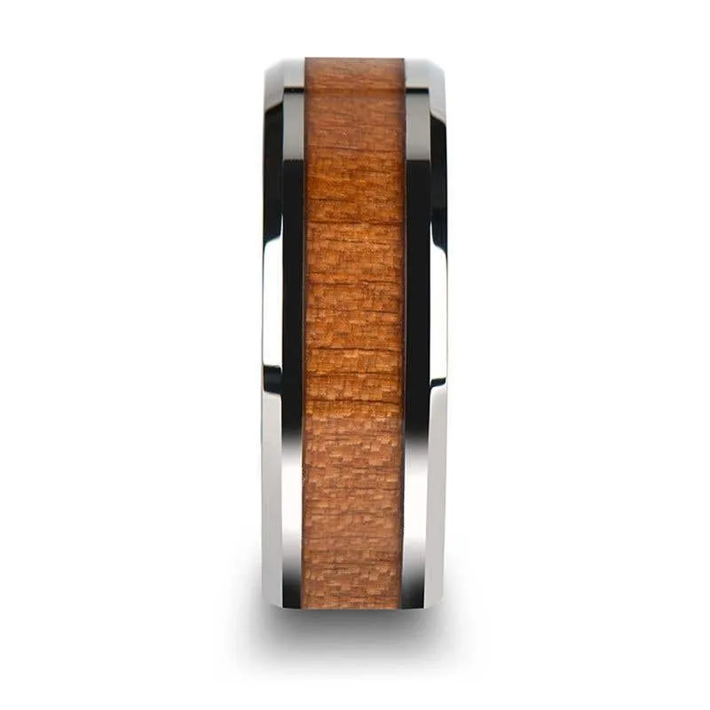 Thorsten BRUNSWICK Tungsten Wedding Ring with Polished Bevels and American Cherry Wood Inlay - 6mm - 10mm