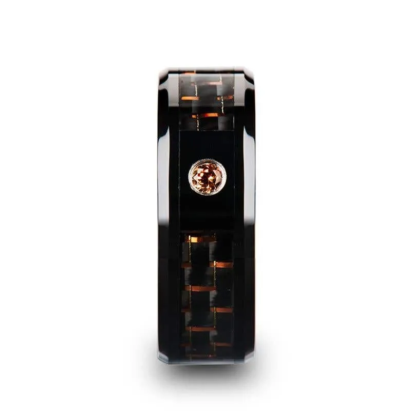 Thorsten HELSING Black Ceramic Ring Black Orange Carbon Fiber Padparadscha Sapphire Setting - 8mm