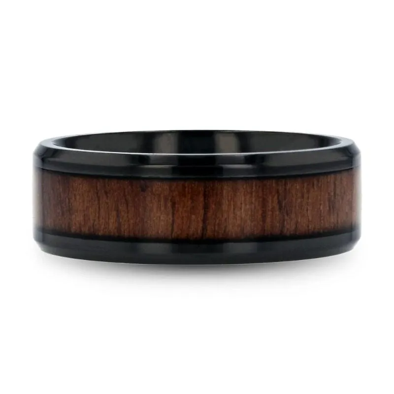 Thorsten KONY Black Titanium Polished Beveled Edges Black Walnut Wood Inlaid Men’s Wedding Ring - 6mm & 8mm