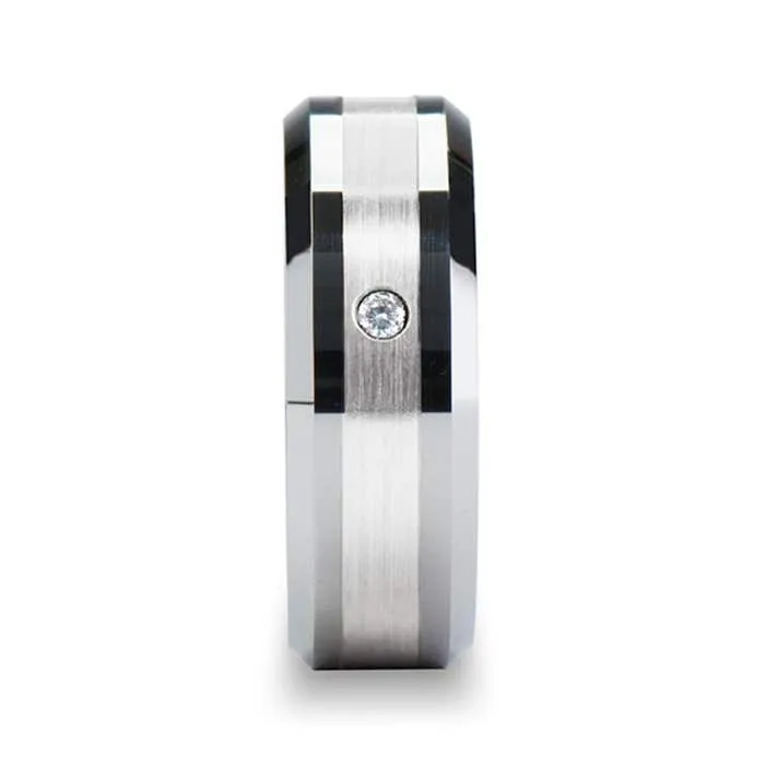 Thorsten LAURENT Platinum Inlaid Beveled Tungsten Ring with Diamond - 8mm