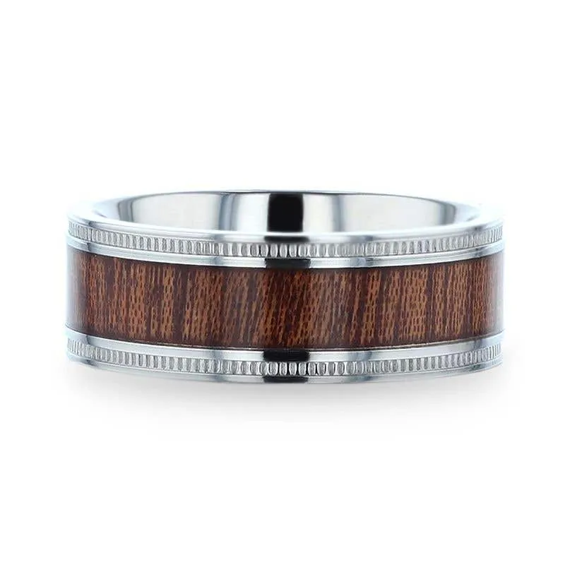 Thorsten MOCHA Koa Wood Inlaid Titanium Men's Wedding Ring With Polished Milgrain Edges - 8mm