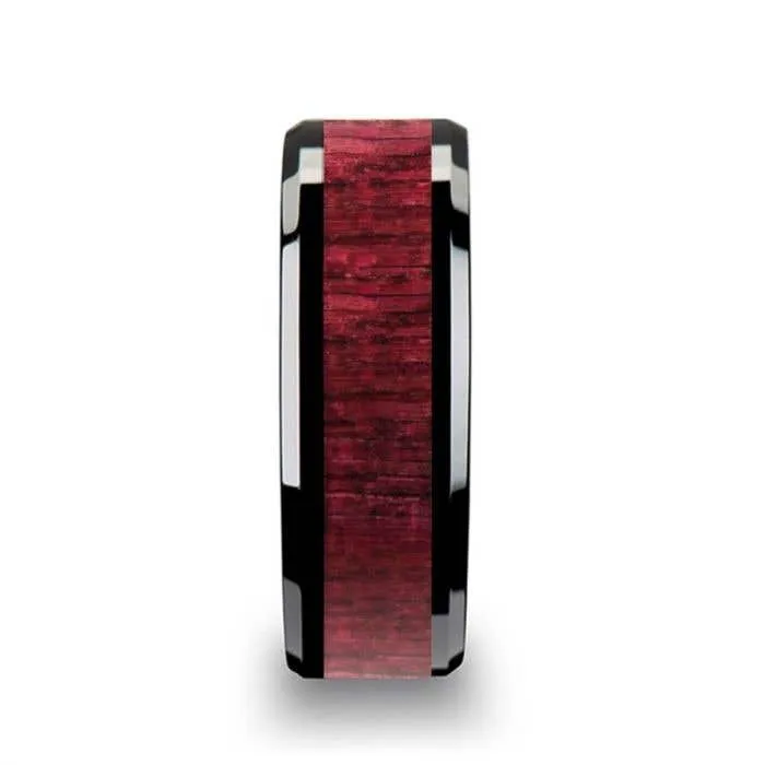 Thorsten MORADO Purple Heart Wood Inlaid Black Ceramic Ring with Beveled Edges - 8mm