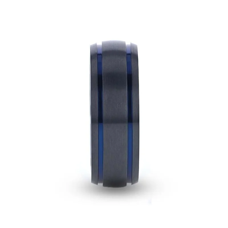 Thorsten SHERIFF Domed Black Titanium Brushed Finish Men’s Wedding Ring with Blue Grooves
