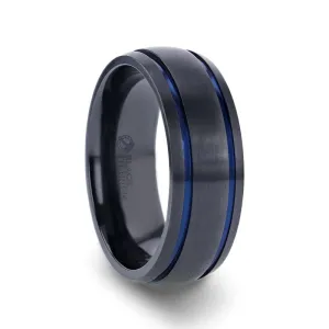 Thorsten SHERIFF Domed Black Titanium Brushed Finish Men’s Wedding Ring with Blue Grooves