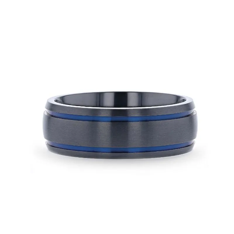 Thorsten SHERIFF Domed Black Titanium Brushed Finish Men’s Wedding Ring with Blue Grooves