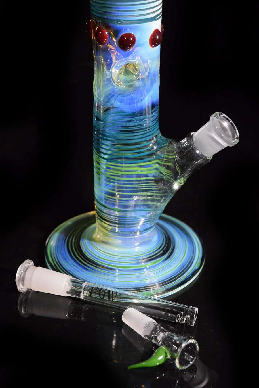 Throwback Bong with Blue and Green Wrap Bands & Red Accents by Phil Sundling