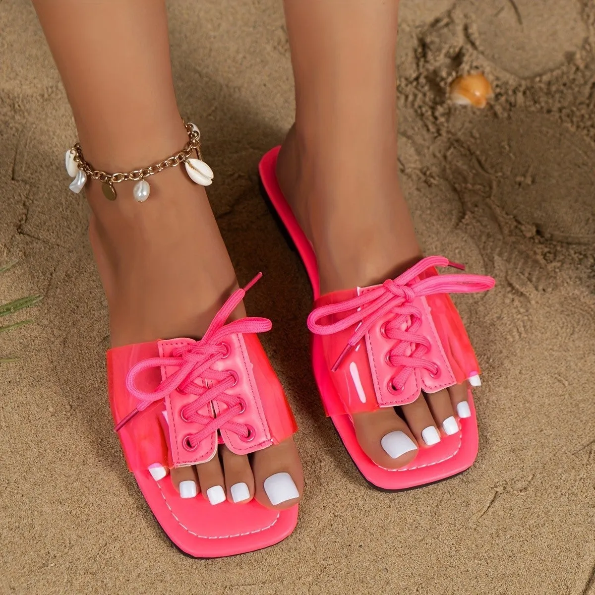 Transparent Lace-up Square Toe Flat Slippers