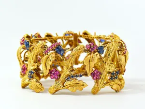 Vintage J Rossi 18K Yellow Gold Ruby & Sapphire Bracelet. Very Rare & Gorgeous