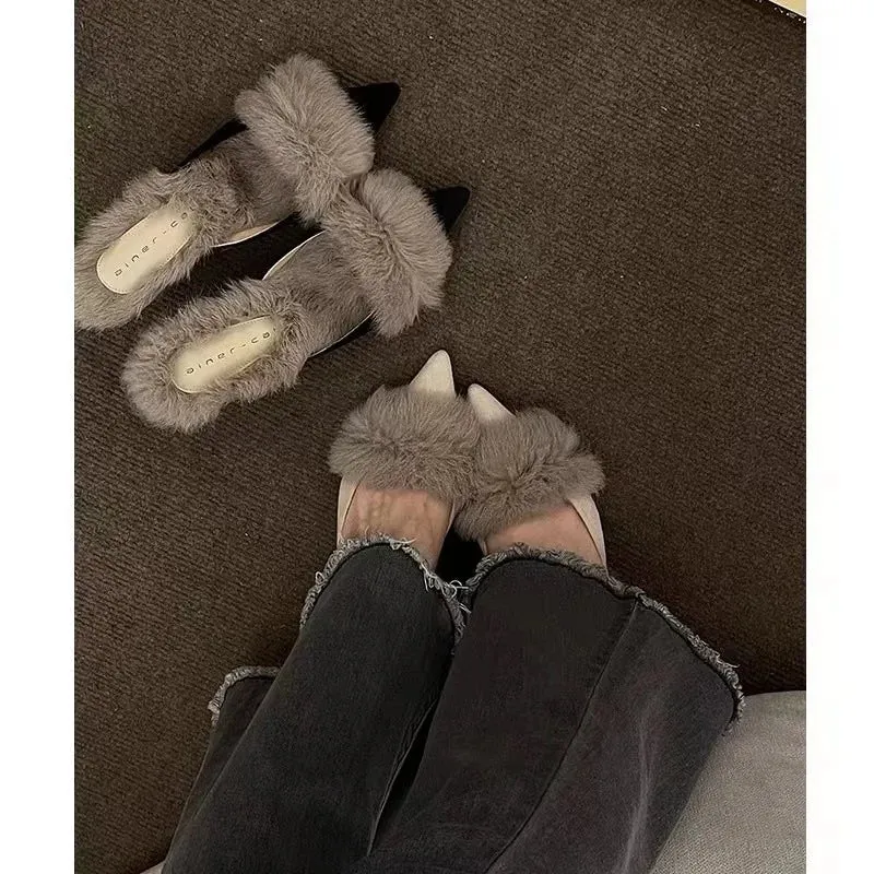 VougeVamp Women's Pointed Toe Fur Mules – Elegant High Heel Slippers for Office & Fashion Wear
