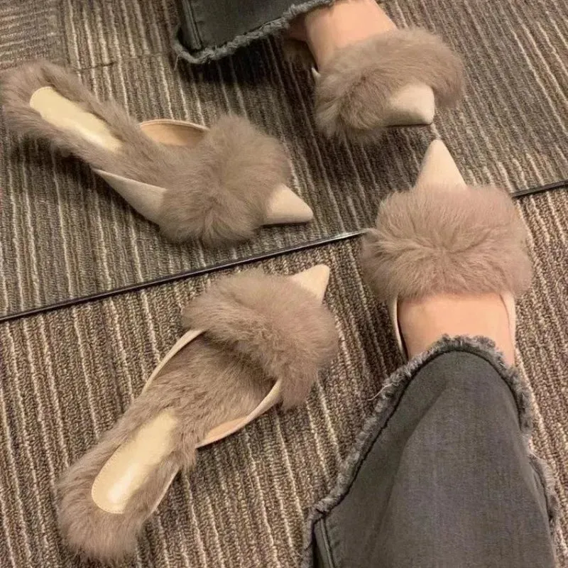 VougeVamp Women's Pointed Toe Fur Mules – Elegant High Heel Slippers for Office & Fashion Wear