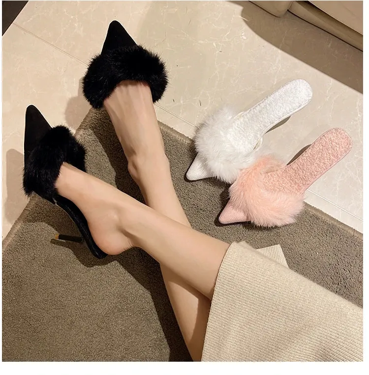 VougeVamp Women's Pointed Toe High Heel Mules – Elegant Slip-On Fur Sandals for Parties & Fashionable Wear