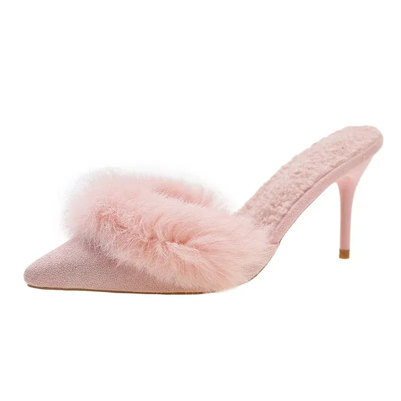 VougeVamp Women's Pointed Toe High Heel Mules – Elegant Slip-On Fur Sandals for Parties & Fashionable Wear