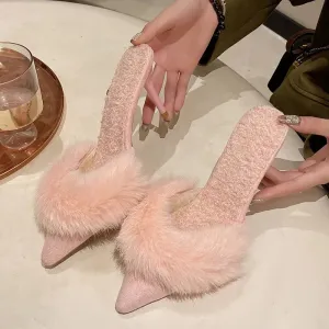 VougeVamp Women's Pointed Toe High Heel Mules – Elegant Slip-On Fur Sandals for Parties & Fashionable Wear