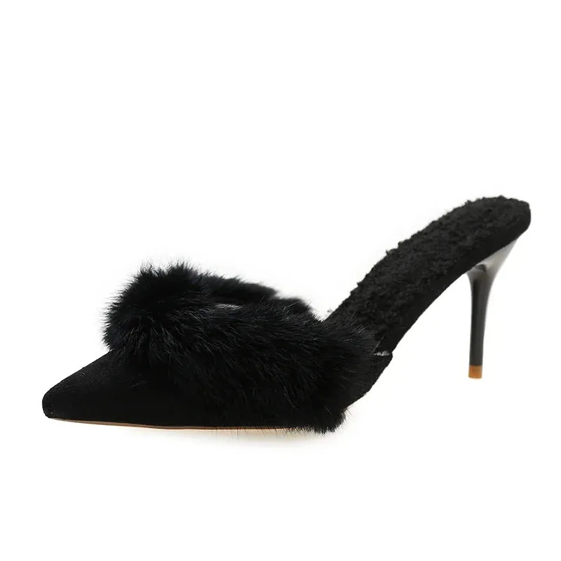 VougeVamp Women's Pointed Toe High Heel Mules – Elegant Slip-On Fur Sandals for Parties & Fashionable Wear
