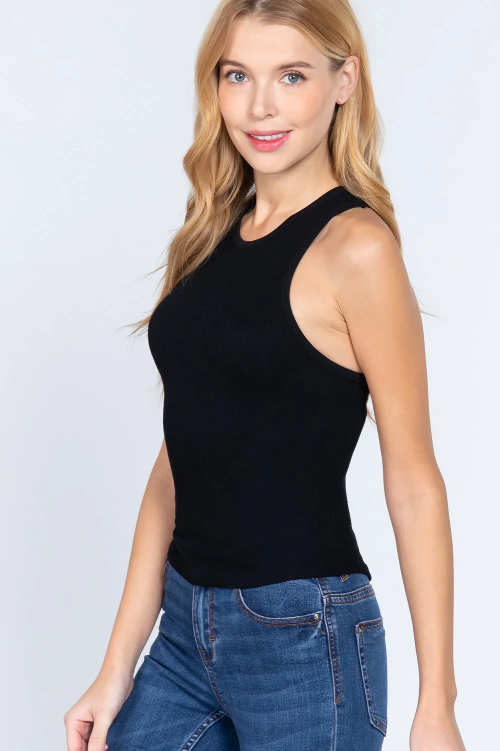 Women's ACTIVE BASIC Ribbed Round Neck Racerback Seamless Tank Top