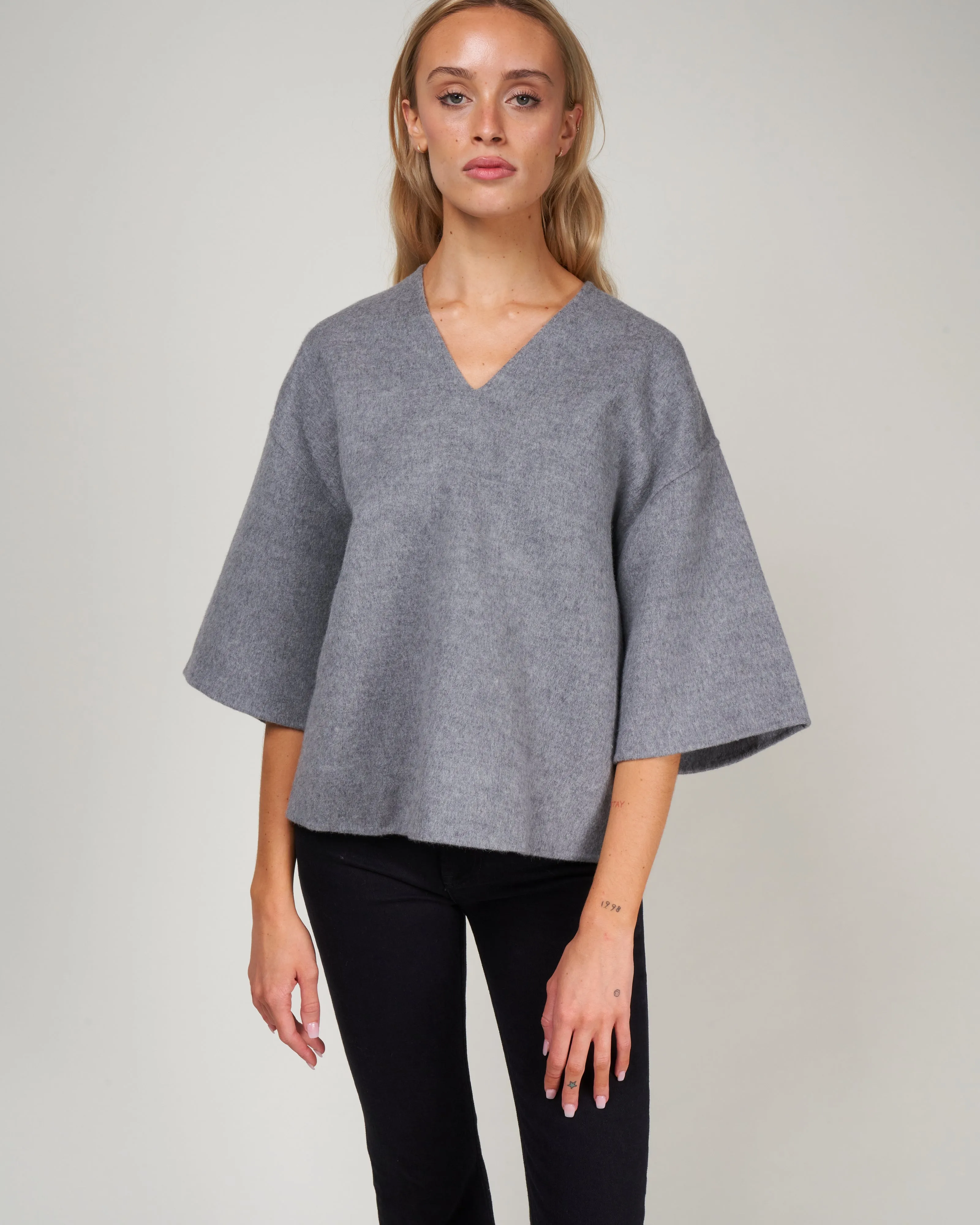 wool angora vneck top - medium heather grey