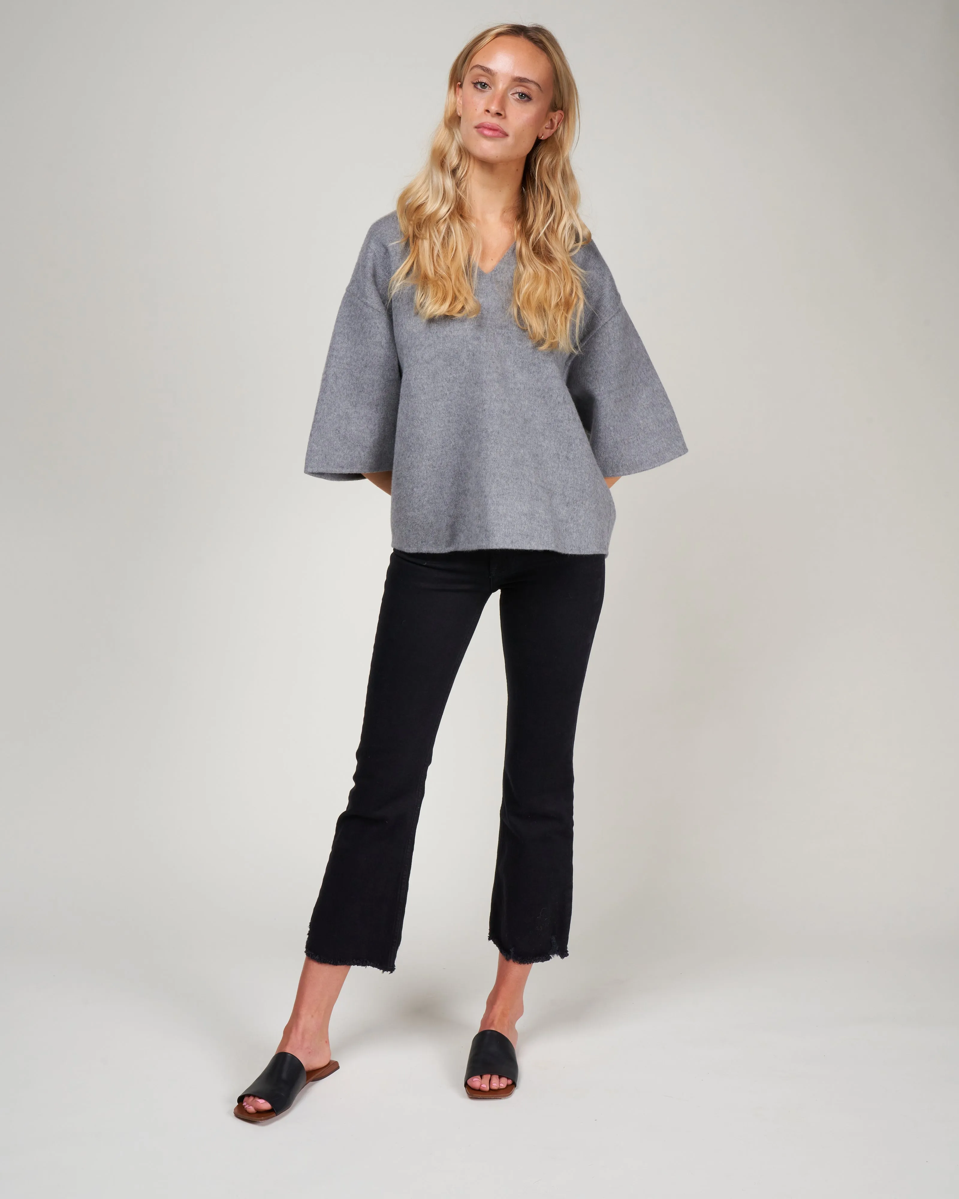 wool angora vneck top - medium heather grey