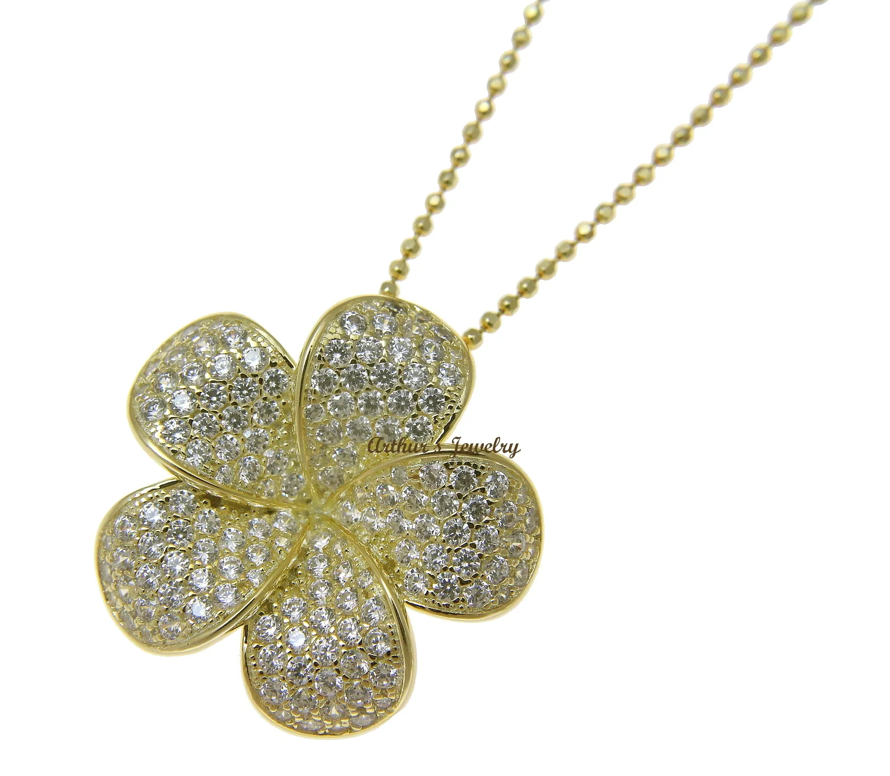 YELLOW GOLD PLATED 925 SILVER HAWAIIAN PLUMERIA FLOWER SLIDE PENDANT CZ 24MM