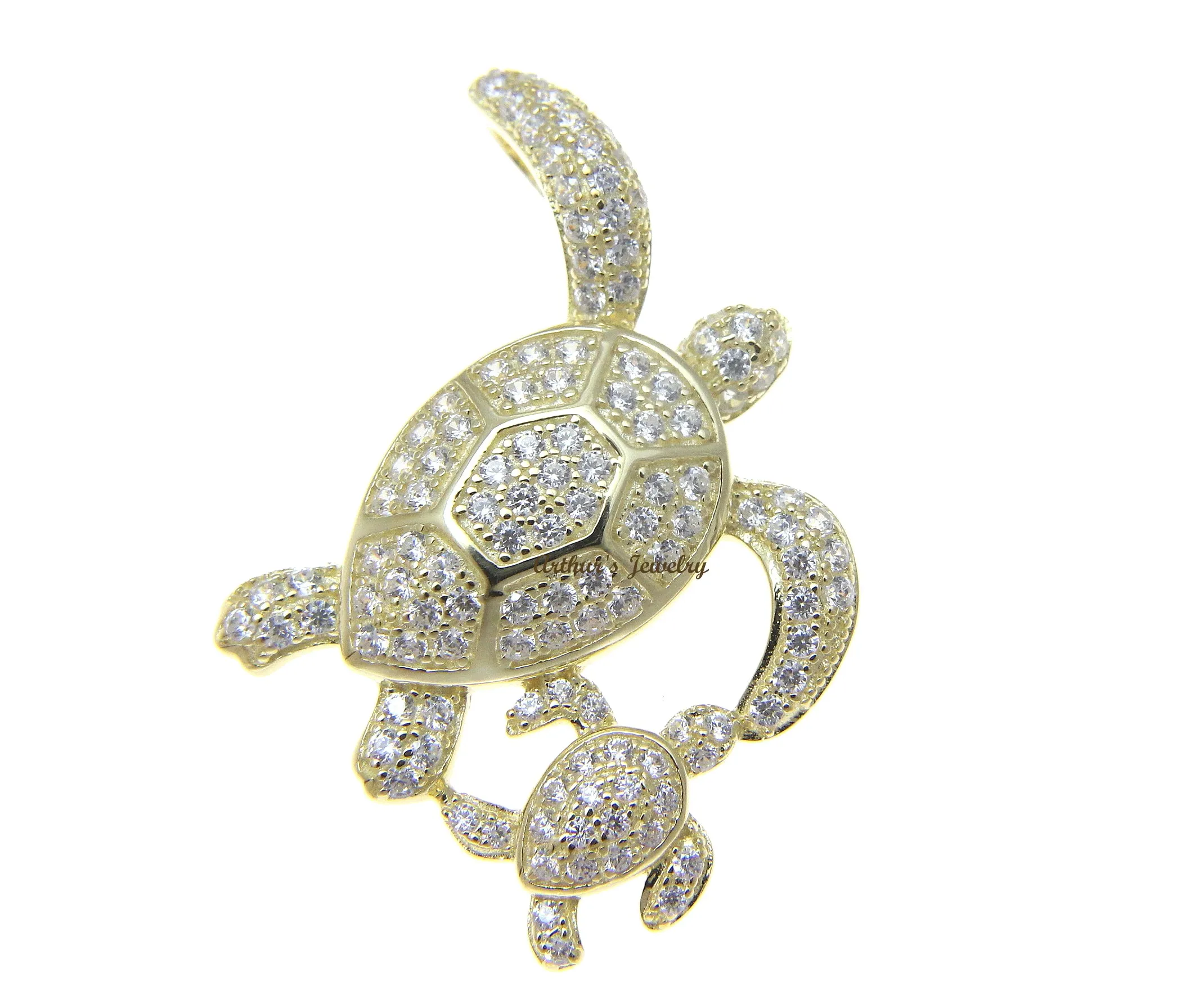 YELLOW GOLD PLATED 925 SILVER HAWAIIAN SEA TURTLE MOTHER BABY SLIDE PENDANT CZ