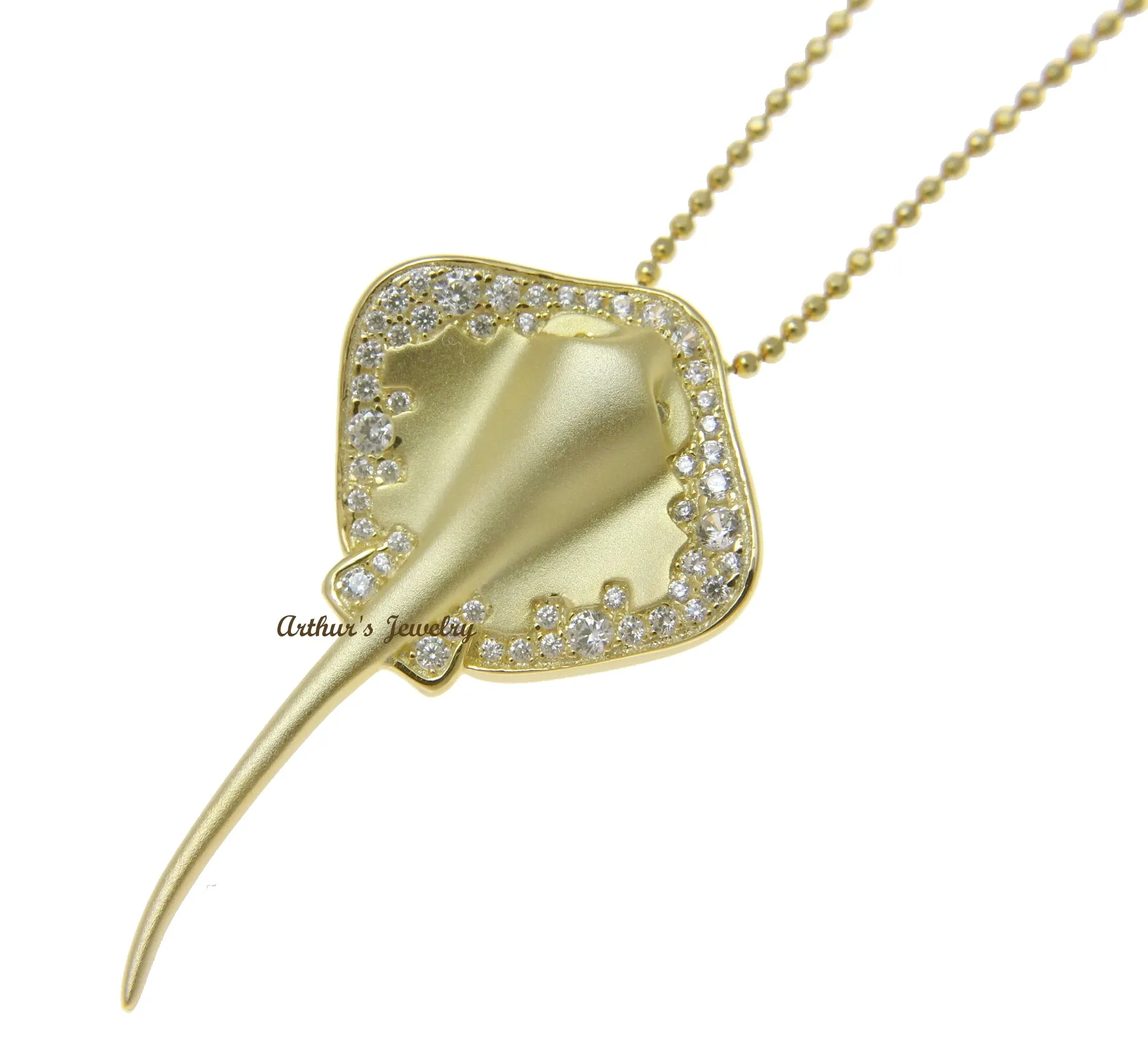 YELLOW GOLD PLATED 925 SILVER HAWAIIAN STINGRAY FISH SLIDE PENDANT CZ 21.25MM