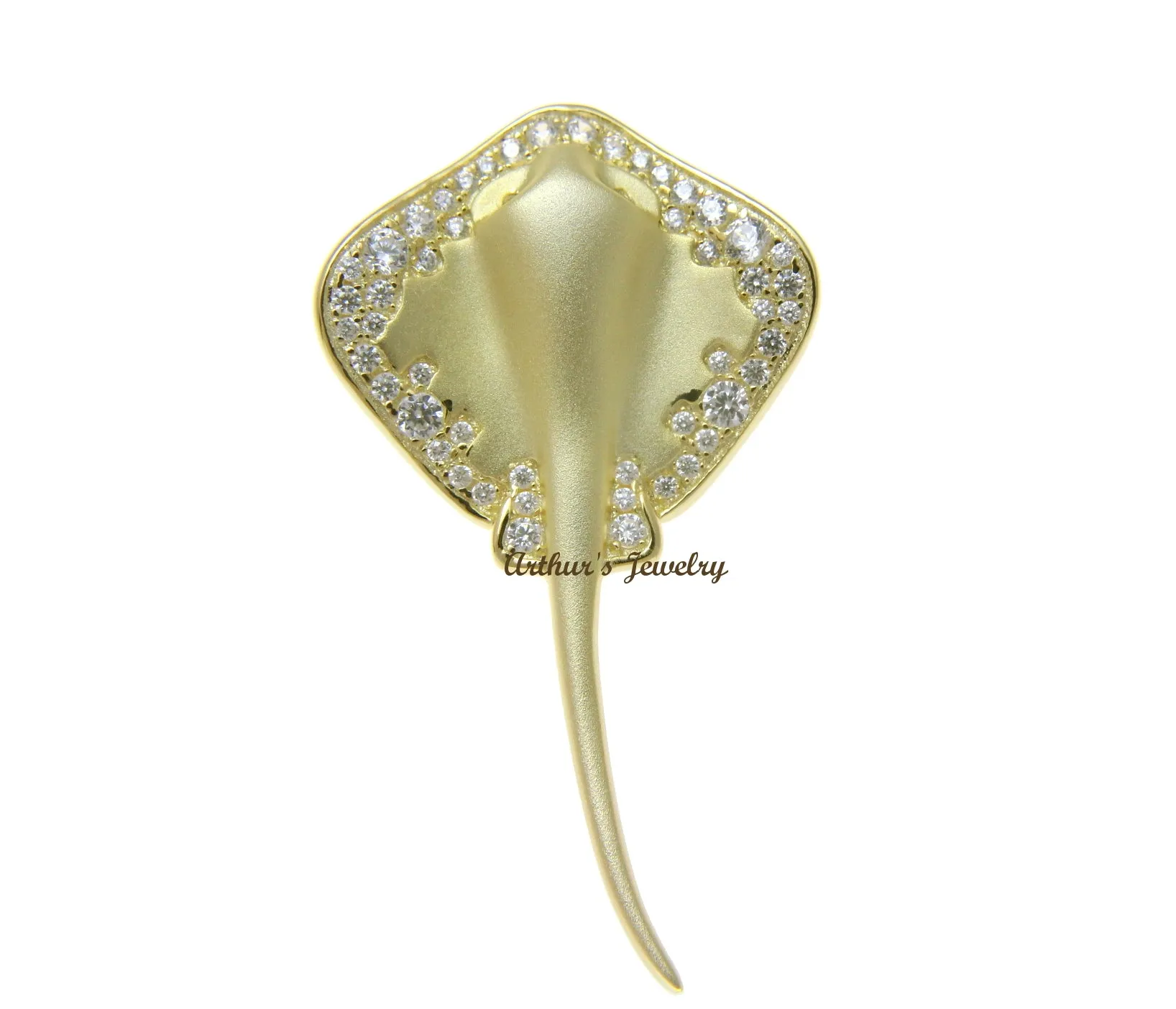 YELLOW GOLD PLATED 925 SILVER HAWAIIAN STINGRAY FISH SLIDE PENDANT CZ 21.25MM